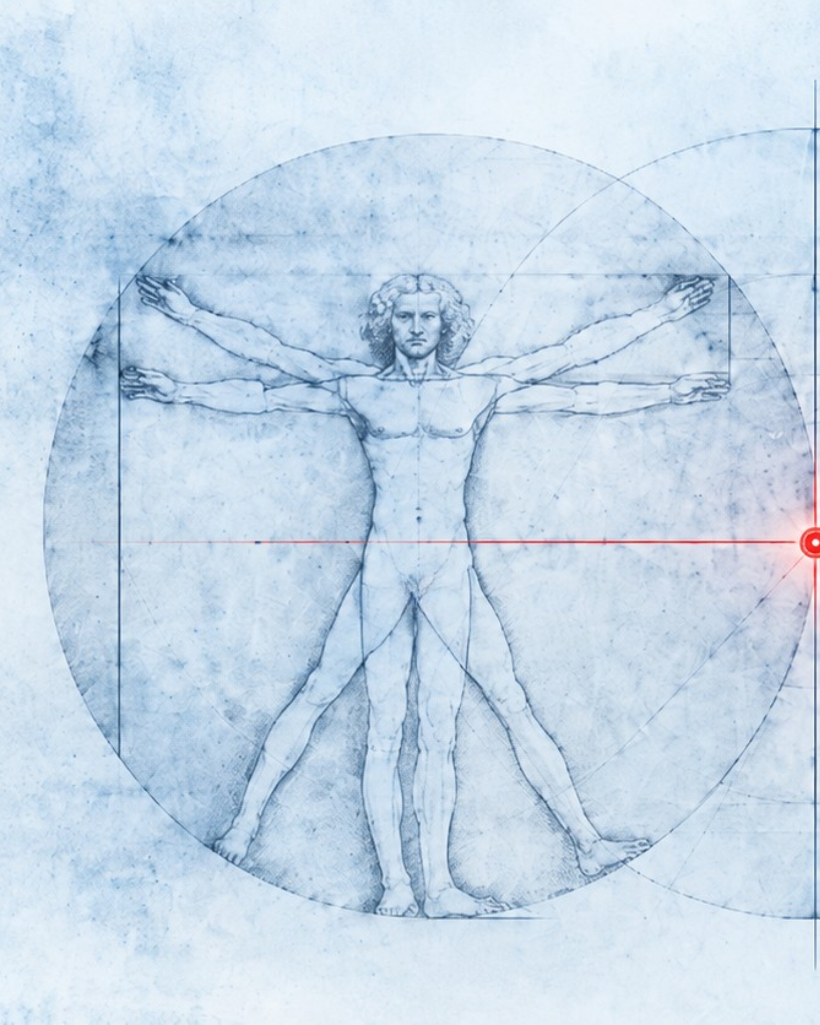 Vitruvian figure on a blue geometric background